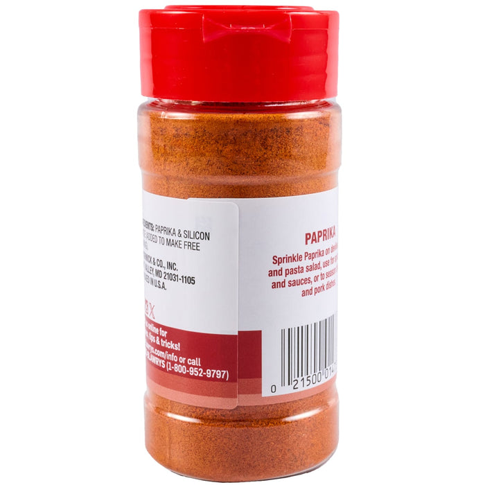 A clear plastic bottle of Lawry'S Paprika 2.12 Oz with a red cap and a white and red label, showing ingredients and usage instructions.