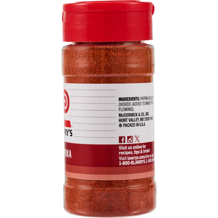 A red plastic jar of Lawry's Paprika seasoning.