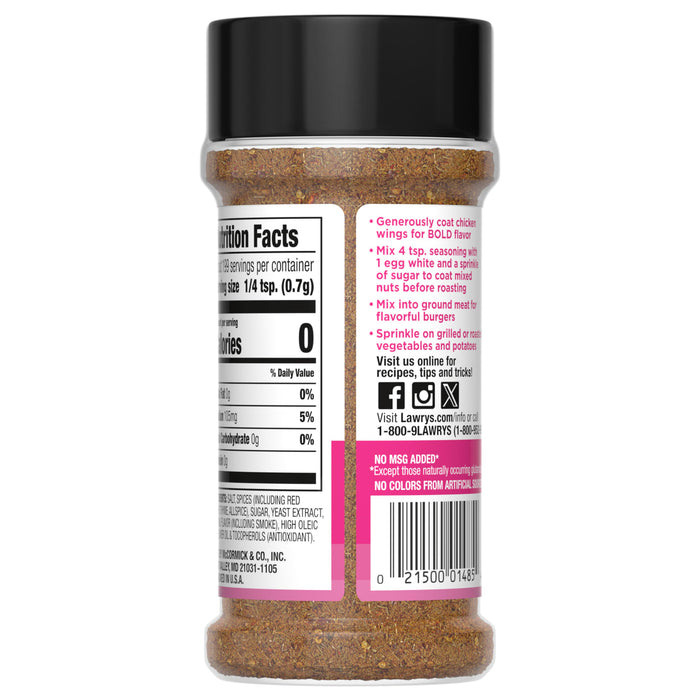 ["A bottle of Lawry's seasoned salt with nutrition facts and usage instructions."]