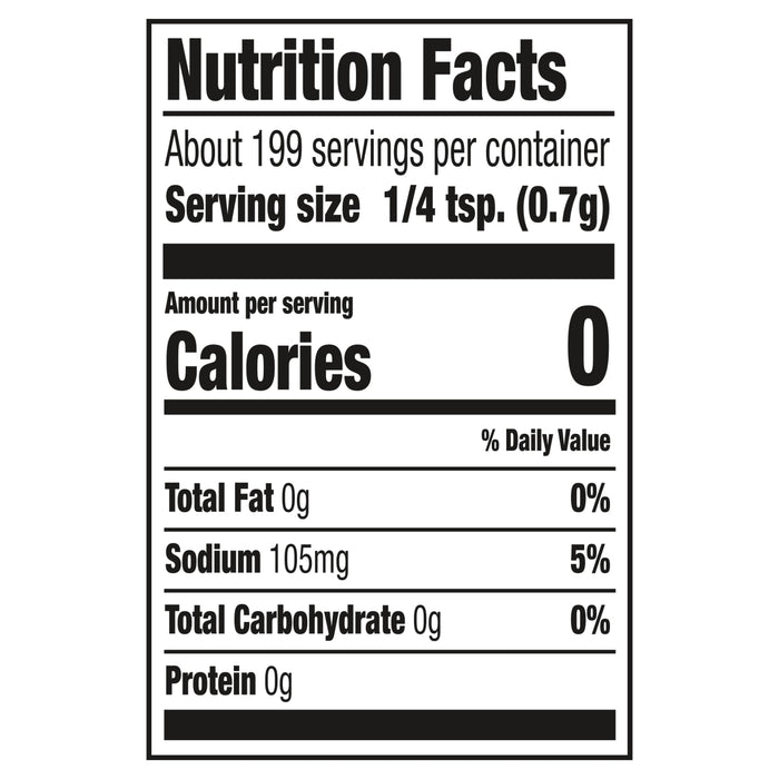 ['Nutrition facts label for a product with 0 calories per serving.']