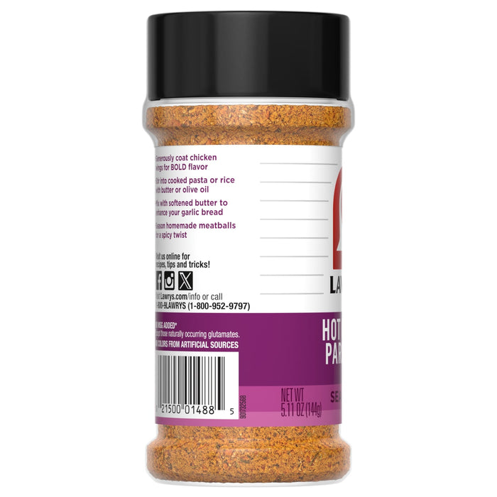 ["A bottle of Lawry's Hot &amp; Spicy Parmesan Seasoning."]