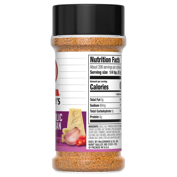 ['A bottle of McCormick Garlic Parmesan seasoning.']