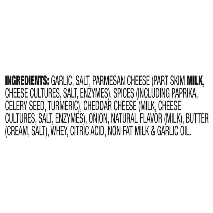 ['A list of ingredients for a product, including garlic, salt, parmesan cheese, cheddar cheese, and spices.']