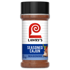 A bottle of Lawry'S Seasoned Cajun Seas 5.29 Oz seasoning, featuring a red and white label with the Lawry's logo and text, on a black background.