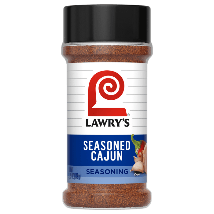 A bottle of Lawry'S Seasoned Cajun Seas 5.29 Oz seasoning, featuring a red and white label with the Lawry's logo and text, on a black background.