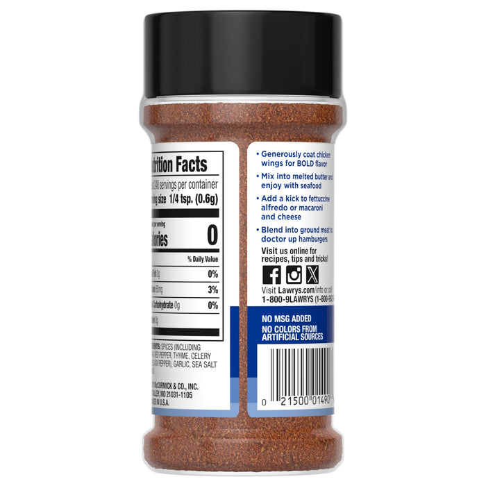 ["A bottle of Lawry's Seasoning Salt with nutrition facts and usage instructions."]