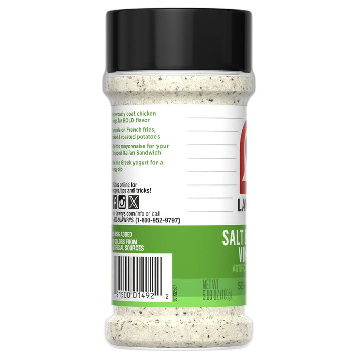 ["A bottle of Lawry's Salt &amp; Vinegar Seasoning."]