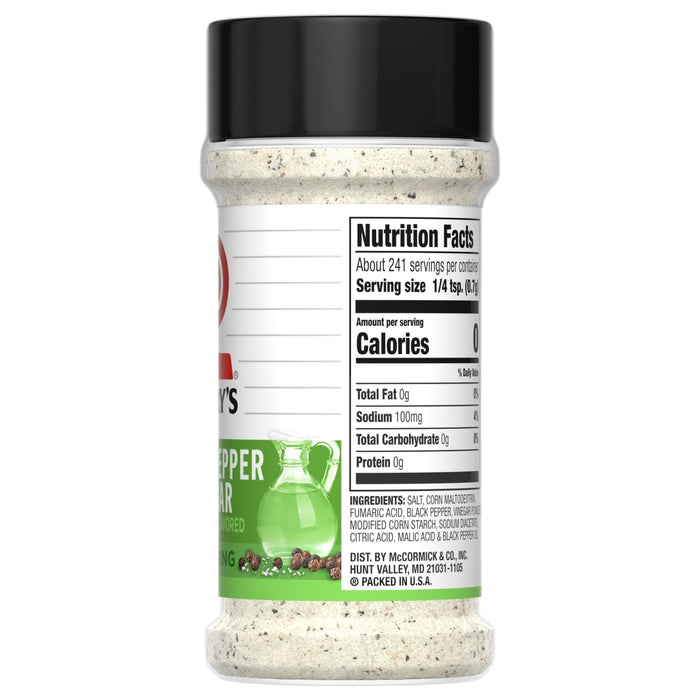 ["A bottle of McCormick's Pepper &amp; Garlic Seasoning with nutrition facts and ingredients listed on the label."]