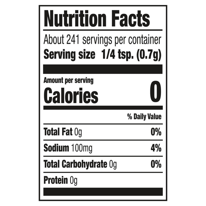 ['Nutrition facts label for a product with 0 calories per serving.']