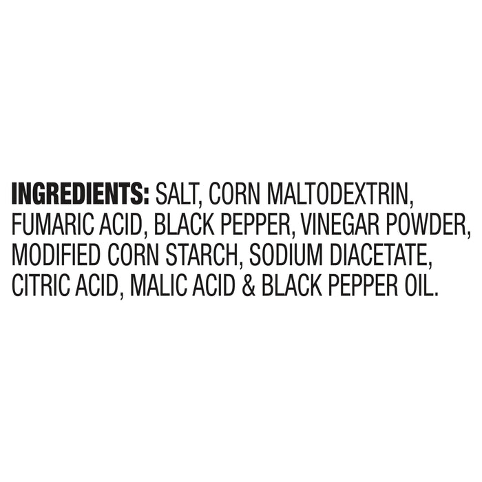 ['A list of ingredients for a product, including salt, corn maltodextrin, fumaric acid, black pepper, vinegar powder, modified corn starch, sodium diacetate, citric acid, malic acid, and black pepper oil.']