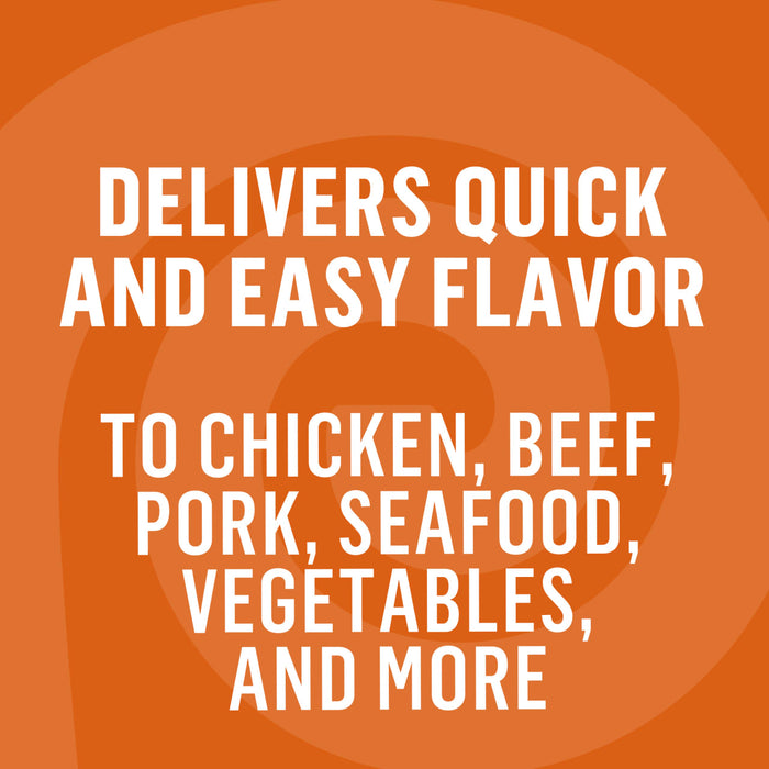 Text on an orange background that reads Delivers quick and easy flavor to chicken beef pork seafood vegetables and more.