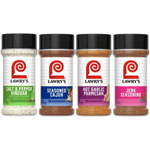 Four bottles of Lawry's seasonings, including Salt &amp; Pepper Vinegar, Seasoned Cajun, Hot Garlic Parmesan, and Jerk Seasoning, are displayed.