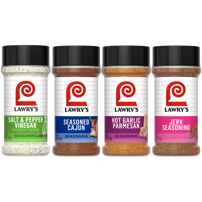 Four bottles of Lawry's seasonings, including Salt &amp; Pepper Vinegar, Seasoned Cajun, Hot Garlic Parmesan, and Jerk Seasoning, are displayed.