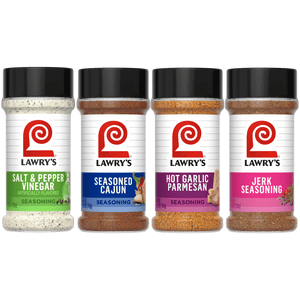 Four bottles of Lawry's seasonings, including Salt &amp; Pepper Vinegar, Seasoned Cajun, Hot Garlic Parmesan, and Jerk Seasoning, are displayed.