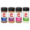 Four Lawrys seasoning jars from left to right: Seasoned Cajun Hot Garlic Parmesan Jerk and Salt &amp; Pepper Vinegar.