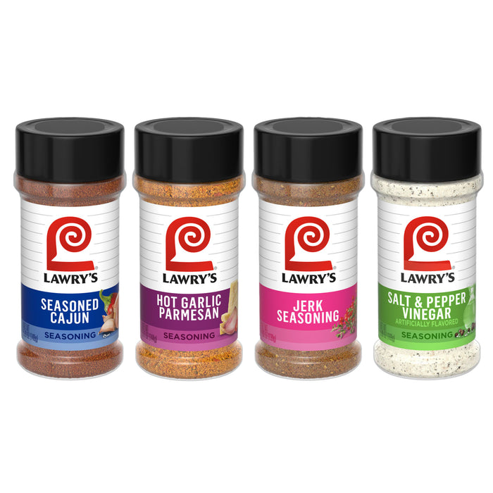 Four Lawrys seasoning jars from left to right: Seasoned Cajun Hot Garlic Parmesan Jerk and Salt &amp; Pepper Vinegar.