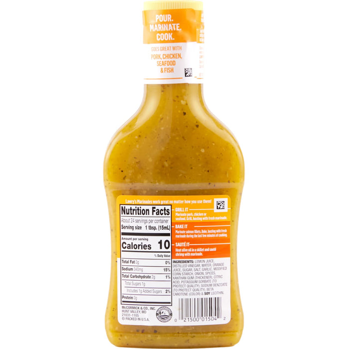 A bottle of Lawrys Lemon &amp; Herb Marinade with nutrition facts and ingredients listed on the label.