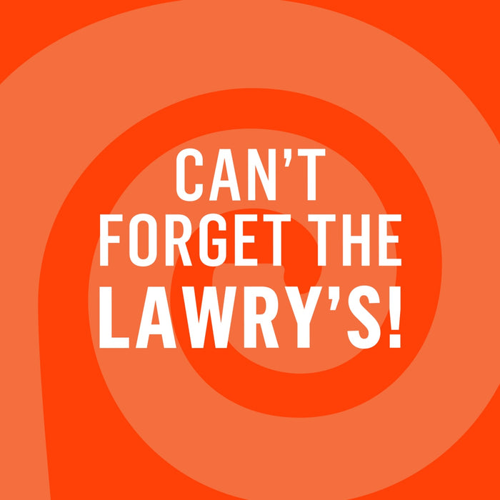 The image promotes Lawry\s seasoning with the text Can\t Forget the Lawry\s! against an orange spiral background.