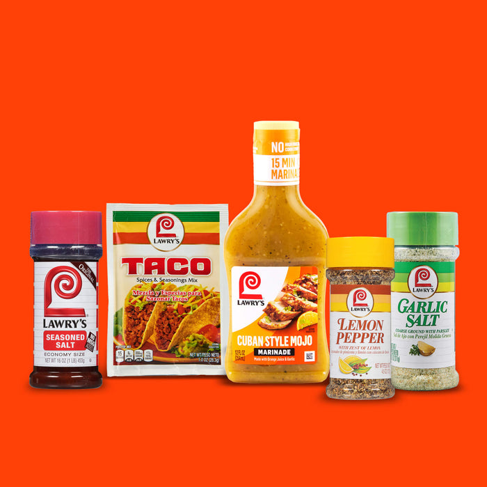 This image features an assortment of Lawrys spices and seasonings including seasoned salt taco seasoning Cuban Style Mojo marinade lemon pepper and garlic salt.