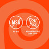 The image shows two white icons on an orange background indicating that the product contains no MSG and no high fructose corn syrup.