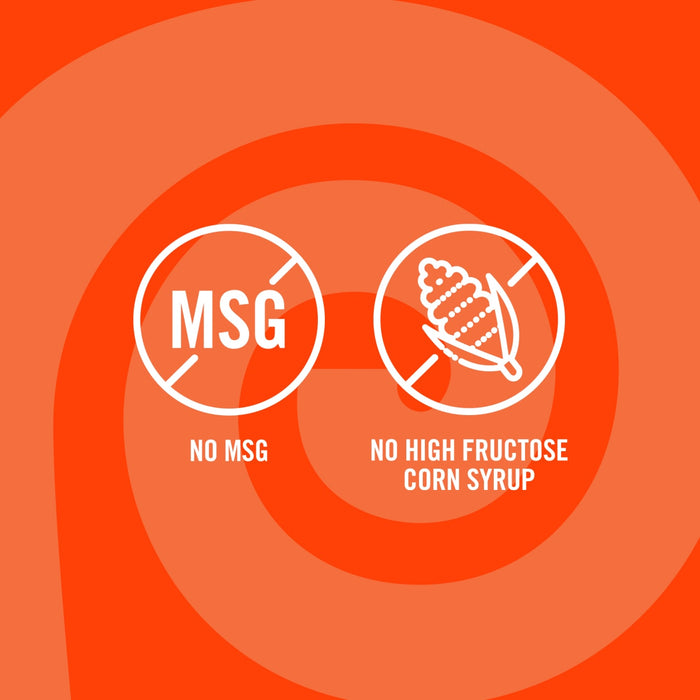 The image shows two white icons on an orange background indicating that the product contains no MSG and no high fructose corn syrup.