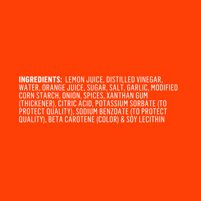 The image displays a list of ingredients including lemon juice distilled vinegar water orange juice sugar salt garlic modified corn starch onion spices xanthan gum citric acid potassium sorbate sodium benzoate beta carotene and soy lecithin.