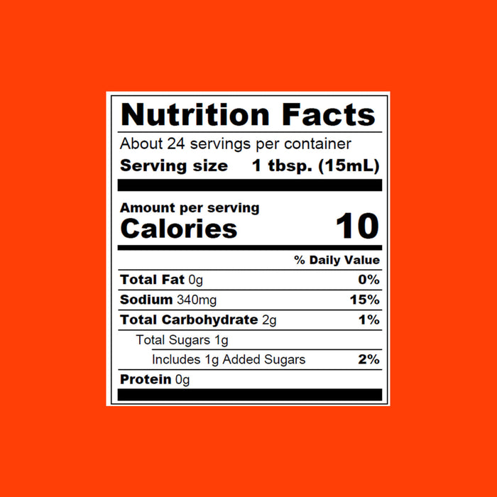 Nutrition facts label showing that one tablespoon contains 10 calories 0g of fat 340mg of sodium 2g of carbohydrates 1g of sugar and 0g of protein.
