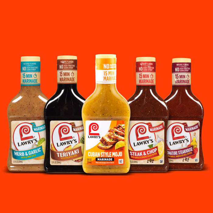 This image features a variety of Lawrys marinades including Herb &amp; Garlic Teriyaki Cuban Style Mojo Steak &amp; Chop and Signature Steakhouse.