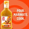 A bottle of Lawry\s Cuban Style Mojo Marinade is displayed with the words Pour Marinate Cook in the background.