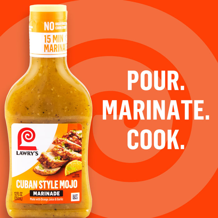 A bottle of Lawry\s Cuban Style Mojo Marinade is displayed with the words Pour Marinate Cook in the background.