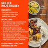This image shows a recipe for Grilled Mojo Chicken including ingredients instructions prep time cook time servings and a link to McCormick and Lawrys website for more recipes and tips.