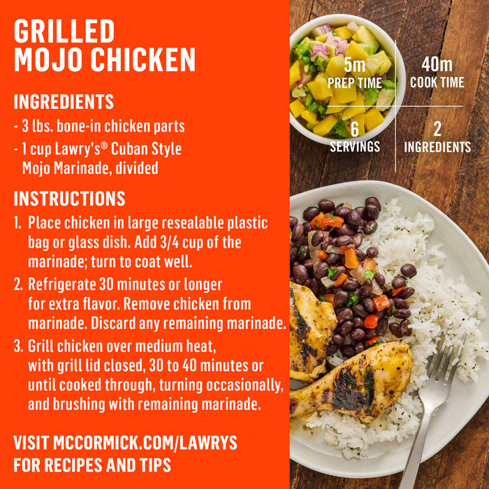 This image shows a recipe for Grilled Mojo Chicken including ingredients instructions prep time cook time servings and a link to McCormick and Lawrys website for more recipes and tips.