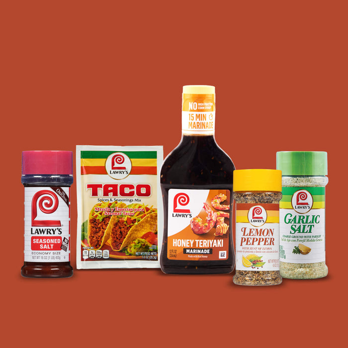 This image showcases a variety of Lawrys seasonings and marinades including seasoned salt taco seasoning honey teriyaki marinade lemon pepper and garlic salt.