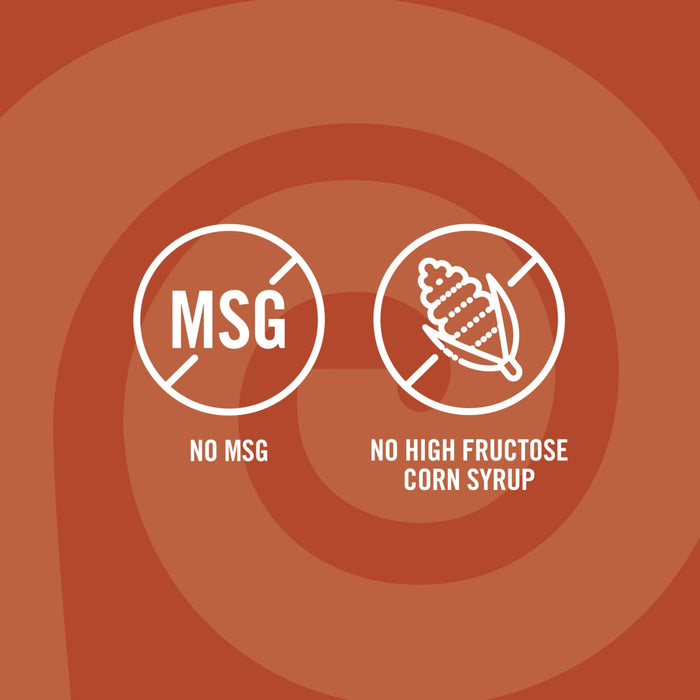 The image shows two white icons on a brown background indicating that the product contains no MSG and no high fructose corn syrup.