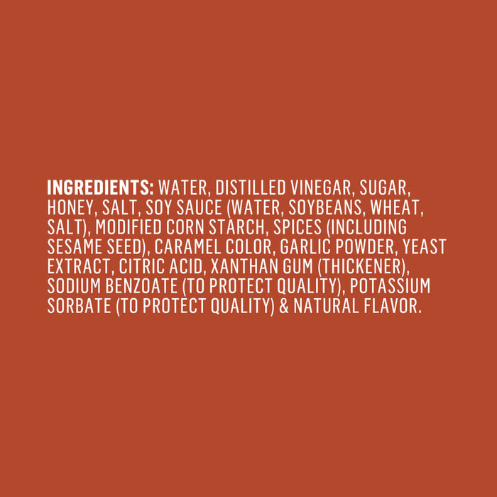 The image displays a list of ingredients including water distilled vinegar sugar honey salt soy sauce modified corn starch spices caramel color garlic powder yeast extract citric acid xanthan gum sodium benzoate potassium sorbate and natural flavor.