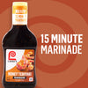 ["A bottle of Lawry's Honey Teriyaki 15 Minute Marinade, which contains no high fructose corn syrup, is displayed against a brown background."]