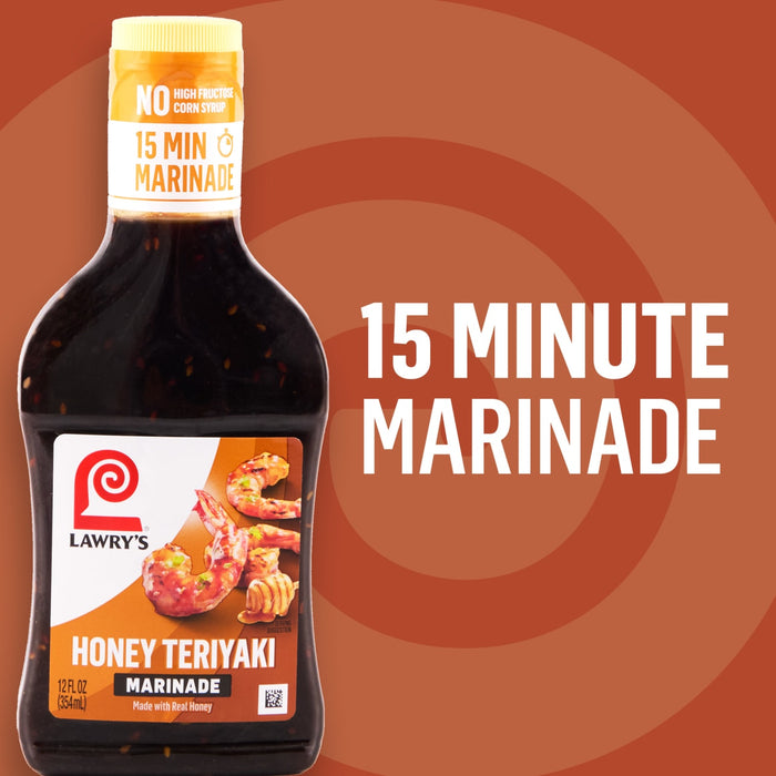 ["A bottle of Lawry's Honey Teriyaki 15 Minute Marinade, which contains no high fructose corn syrup, is displayed against a brown background."]