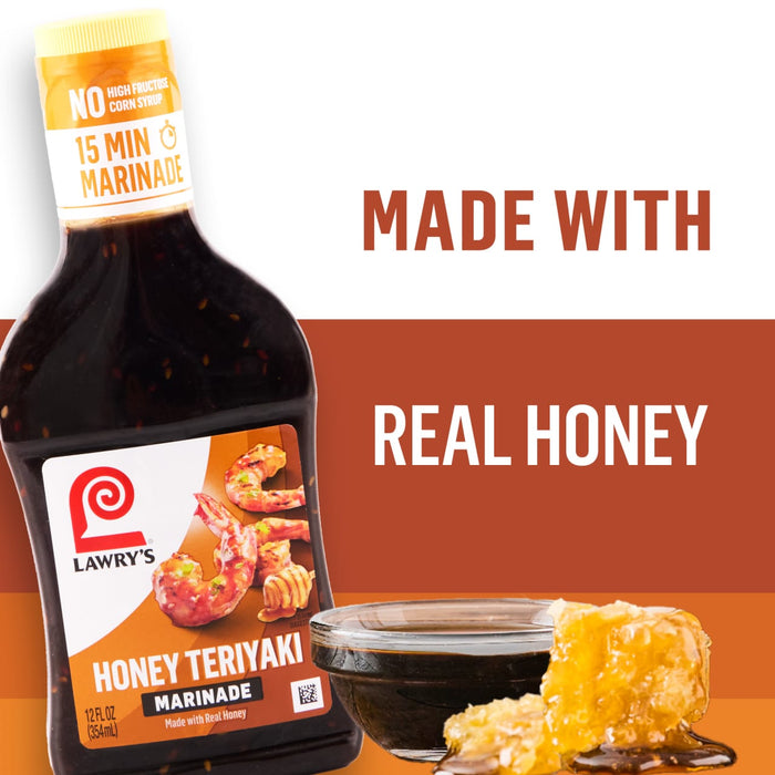['A bottle of Lawry\'s Honey Teriyaki Marinade, highlighting its Made with Real Honey feature and No High Fructose Corn Syrup claim.']