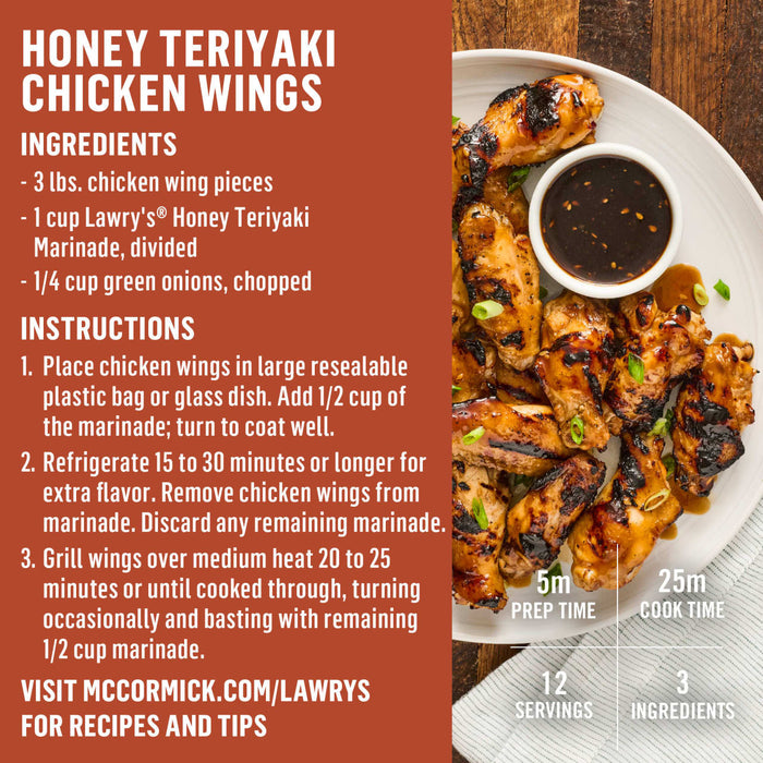 ["A plate of Lawry's Honey Teriyaki Chicken Wings with the recipe's ingredients and instructions."]