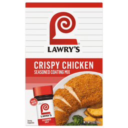 ["A box of Lawry's Crispy Chicken Seasoned Coating Mix with a serving suggestion of crispy chicken, potato wedges, and broccoli."]