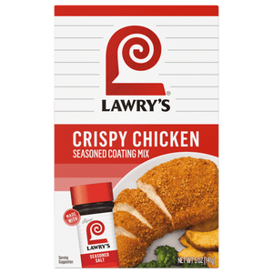 ["A box of Lawry's Crispy Chicken Seasoned Coating Mix with a serving suggestion of crispy chicken, potato wedges, and broccoli."]