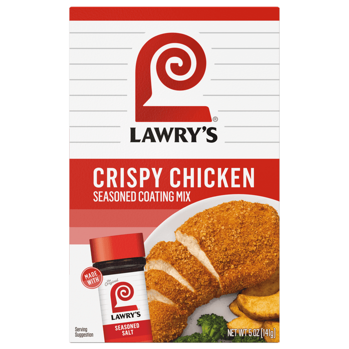 ["A box of Lawry's Crispy Chicken Seasoned Coating Mix with a serving suggestion of crispy chicken, potato wedges, and broccoli."]