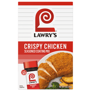 ["A box of Lawry's Crispy Chicken Seasoned Coating Mix with a serving suggestion of crispy chicken, potato wedges, and broccoli."]