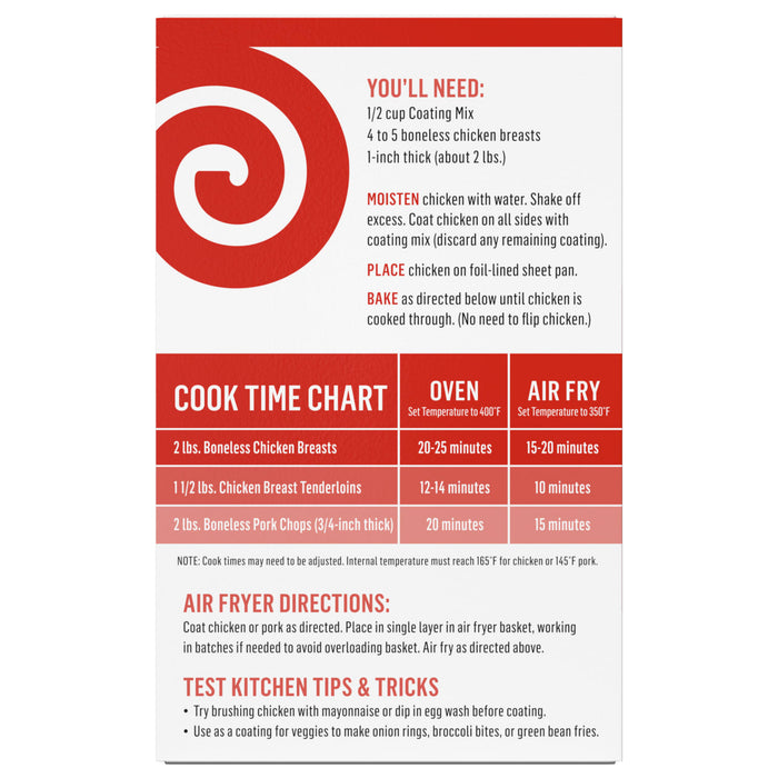 ['A chart with cooking times for chicken and pork in the oven and air fryer.']