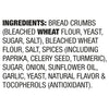 ['A list of ingredients for a product, including bread crumbs, wheat flour, yeast, sugar, salt, spices, and more.']