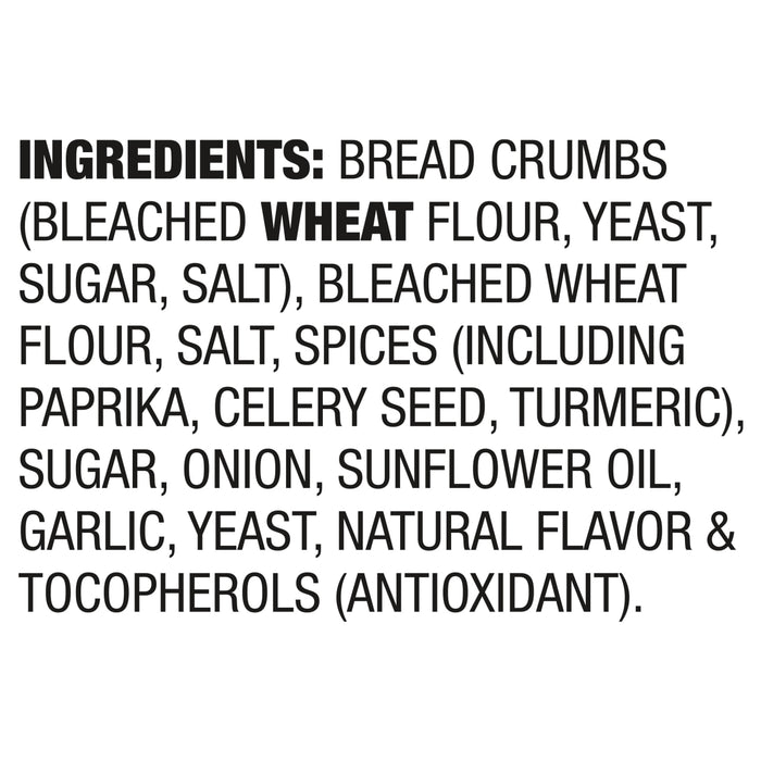 ['A list of ingredients for a product, including bread crumbs, wheat flour, yeast, sugar, salt, spices, and more.']