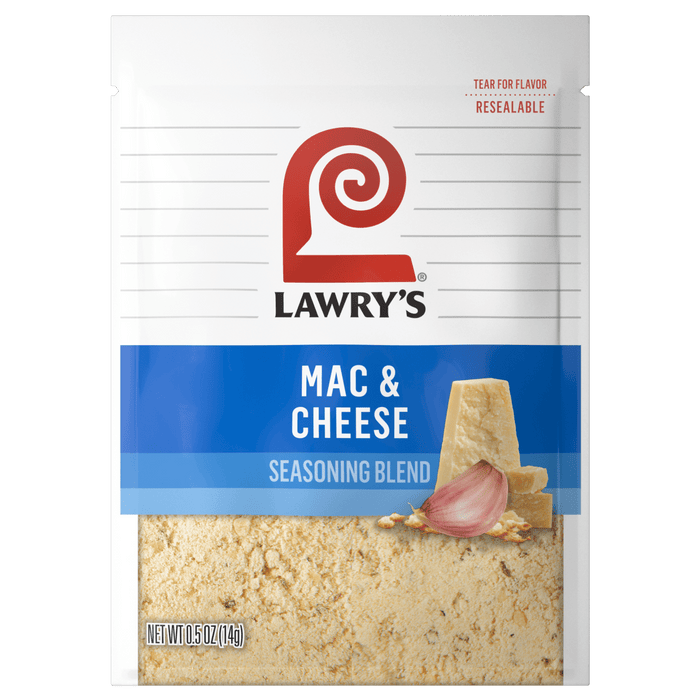 ["A Lawry's Mac &amp; Cheese Seasoning Blend packet with a close-up of the seasoning blend and ingredients."]