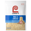 ["A Lawry's Mac &amp; Cheese Seasoning Blend packet with a close-up of the seasoning blend and ingredients."]