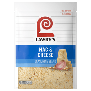 ["A Lawry's Mac &amp; Cheese Seasoning Blend packet with a close-up of the seasoning blend and ingredients."]