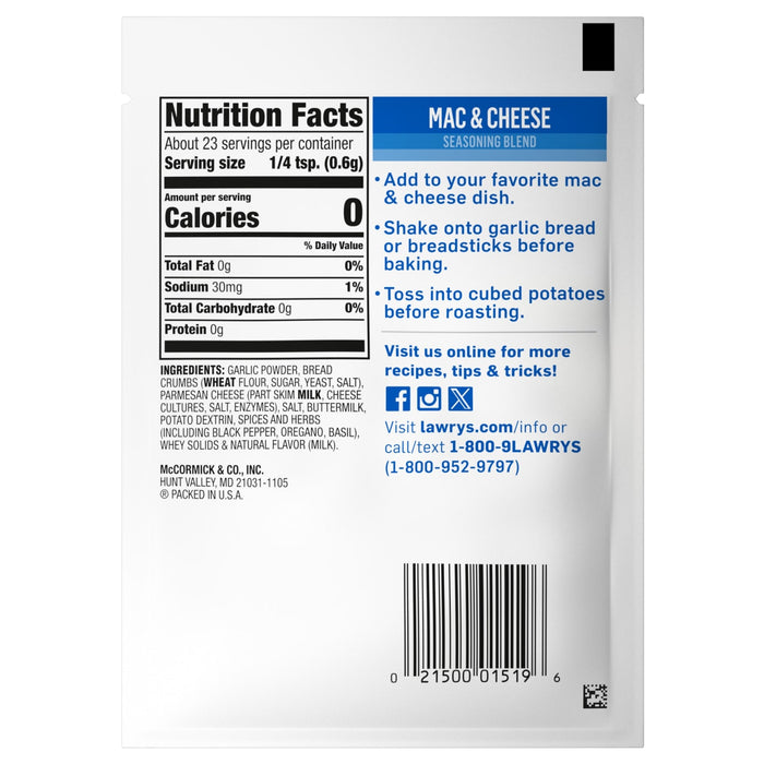 ["Lawry's Mac &amp; Cheese Seasoning Blend nutrition facts and instructions."]